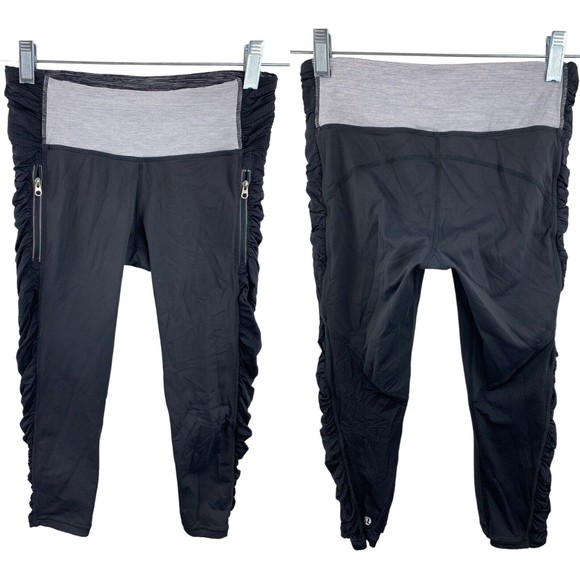 Lululemon Leggings Womens Sz 4 Blk Capri Cropped Mesh Ruffle Comfort Athleisure - Picture 1 of 11
